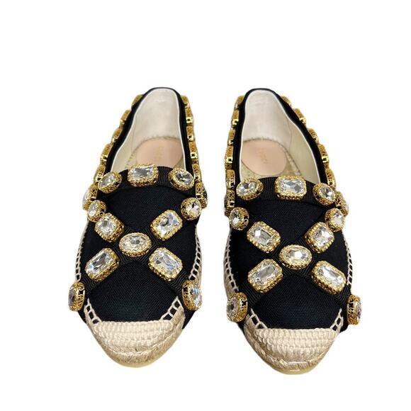 Gucci Pepita Crystal-embellished Espadrilles Black GG New NIB Size 38 - Picture 2 of 6